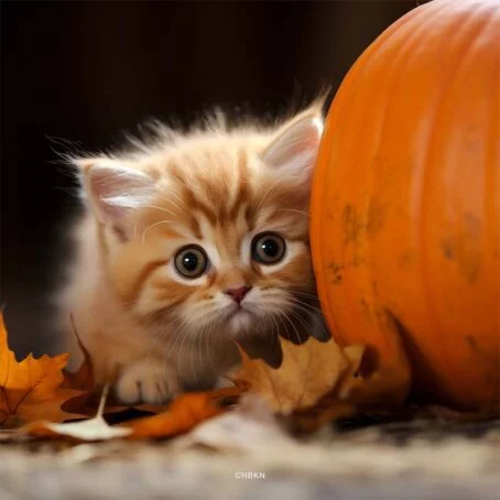 Frightened kitten behind pumpkin