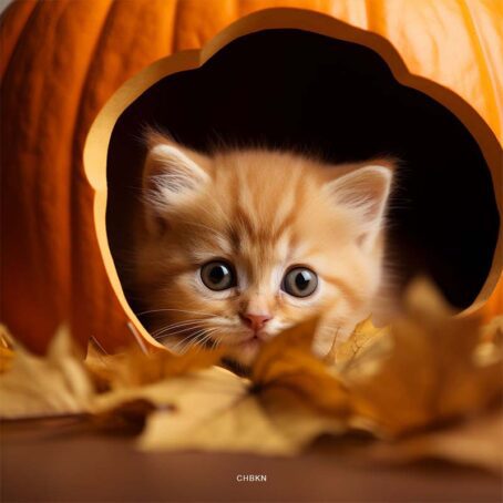 Kitten in big pumpkin