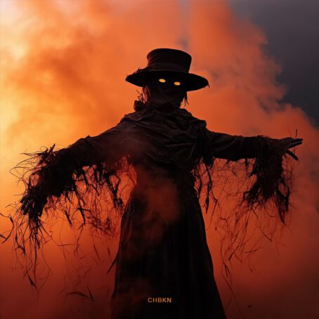 A terrifying silhouette of a scarecrow in a hat with his arms outstretched to the sides, his eyes glowing