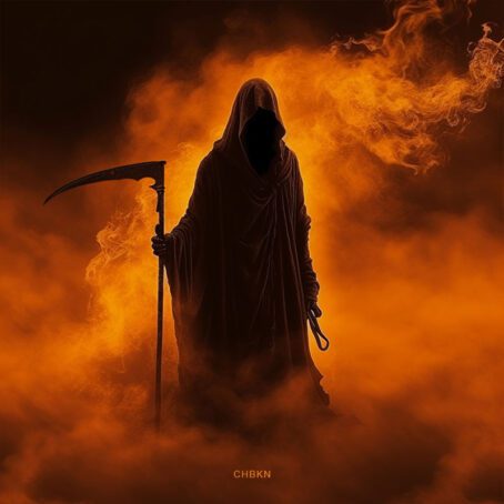 Grim Reaper, Death with a scythe against the background of an orange glow.