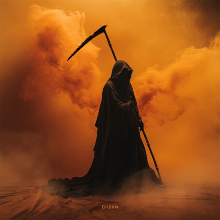 A figure of Grim Reaper in a black cloak with a hood and a scythe against a background of shelto-orange fog