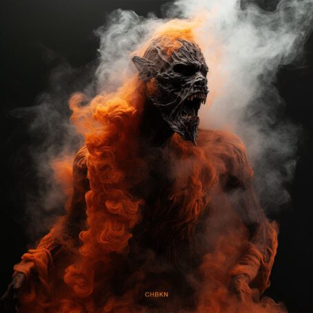 The figure of a screaming monster, his body is smoking, emitting orange smoke