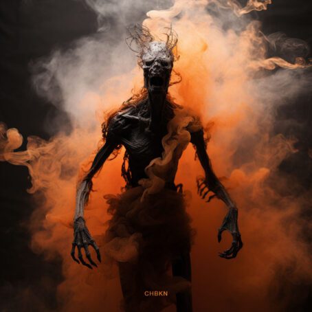 A thin, skeletal-like monster with empty eye sockets and a wide-gaping mouth against a background of orange-black smoke