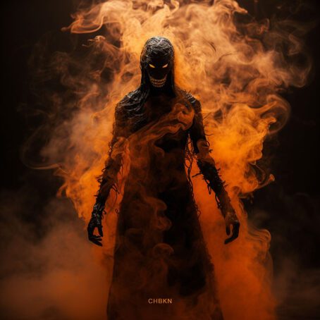 A silhouette of a monster with glowing eyes and an ominous smile, standing engulfed in orange smoke