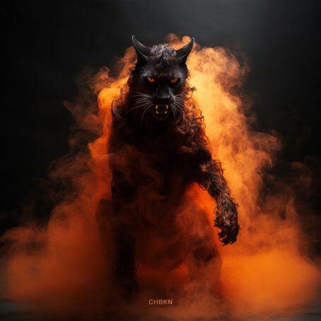 The figure of a disheveled black panther with red eyes is surrounded by orange smoke