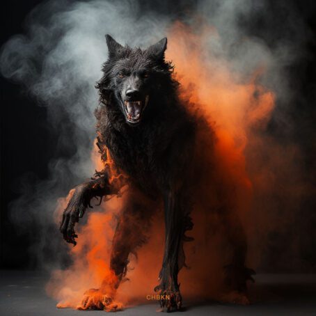 A black werewolf emerging from orange smoke