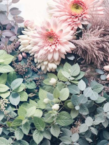 Green Leaves and Pink Flower Heart Composition