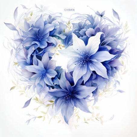 Large blue flowers form a shape resembling a heart in this composition.