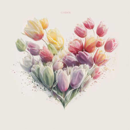 Delicate depiction of red, lilac, and yellow tulips arranged in the shape of a heart.