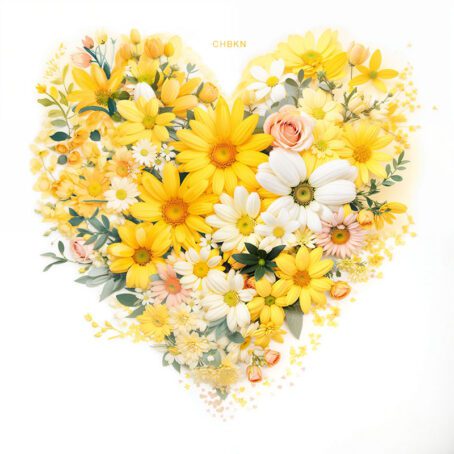 Bright yellow and white flowers in a heart shape on a white background.