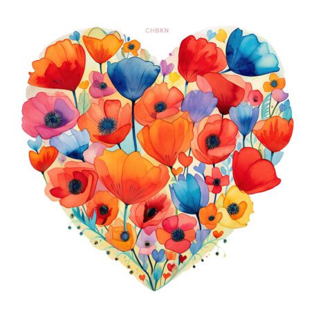 A drawing of red and blue poppies in the shape of a valentine heart.