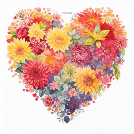 A floral composition with asters in the shape of a heart, an artwork.