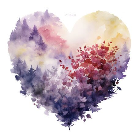 Misty watercolor landscape in the shape of a valentine heart.