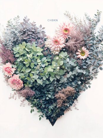 Green Leaves and Pink Flower Heart Composition