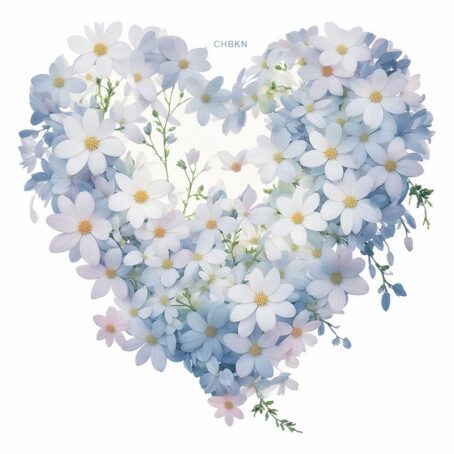 A photo of white and blue flowers in the shape of a valentine heart.