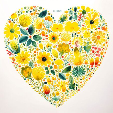 Minimalistic graphic ornament of yellow flowers forming a valentine heart.