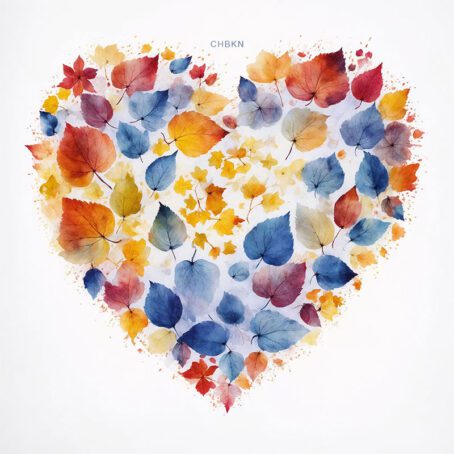 Yellow, orange, red, blue, autumn leaves arranged in the shape of a heart. Watercolor painting.