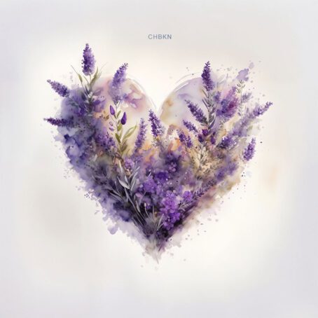 Lavender flowers arranged in the shape of a heart on a white background.