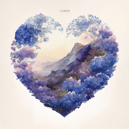 A heart-shaped frame made of blue and lilac flowers, with a vague mountainous landscape in the center.