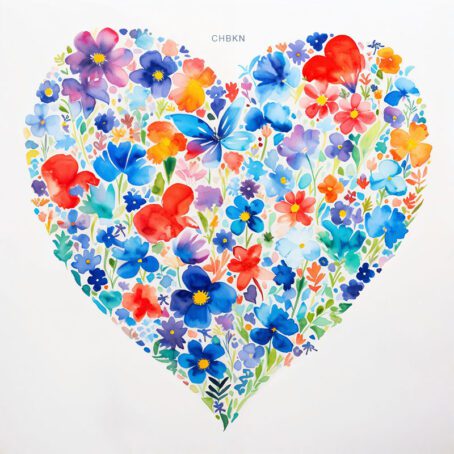 A colorful and vibrant floral pattern in the shape of a heart on a white background.