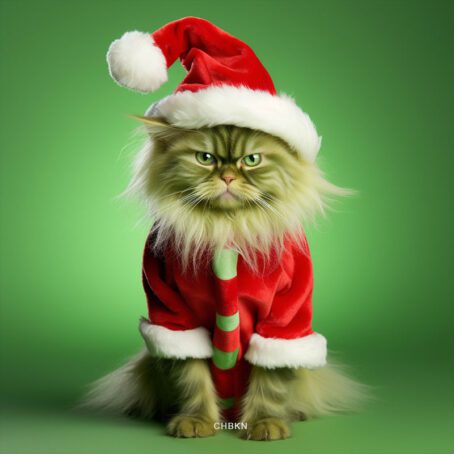 A green Grinch-cat in a red costume and red hat posing in a photo studio.