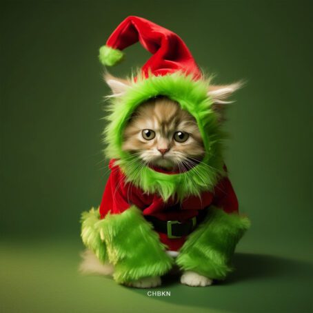 A little tired kitten in a Grinch costume.