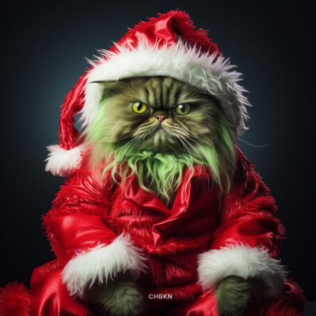 A displeased cat dressed in a Santa suit, aspiring to be the Grinch.