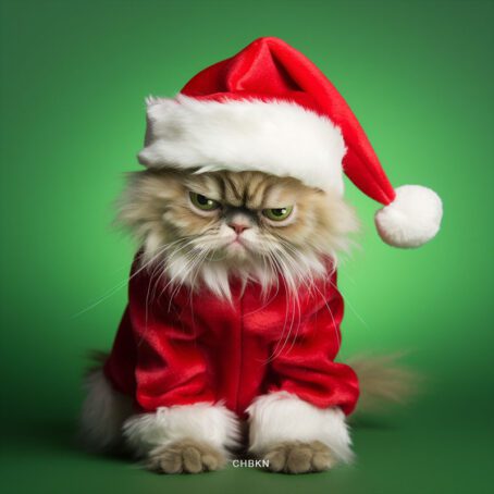 A disgruntled cat dressed in a Santa costume, longing to be the Grinch.