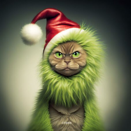 A cheerful Grinch in a red hat.