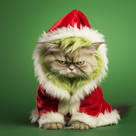 An angry kitten in the likeness of the Grinch looks menacing from below.