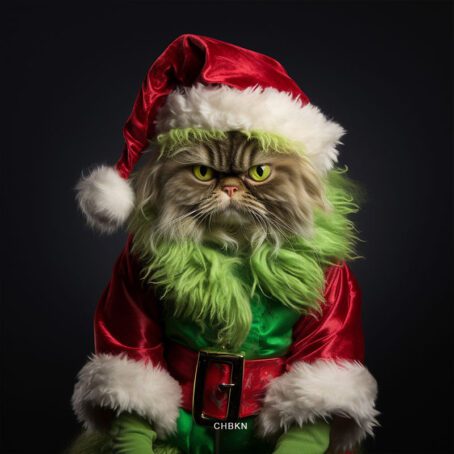 The Grinch in the form of a cat dressed as Santa Claus.