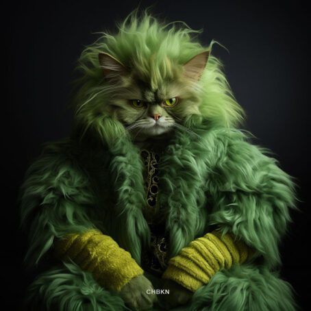 A Grinch with a cat's head, leisurely sitting in a green fur coat.