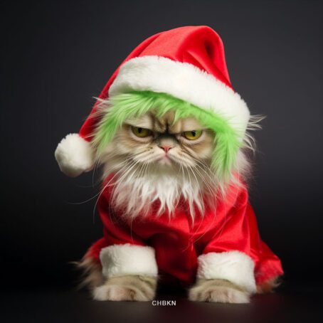 A tired kitten, the Grinch's little helper.