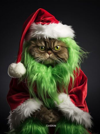 Grinch-Cat in Red-Green Attire