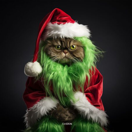 Grinch-like cat in a red and green costume, sitting with paws folded.