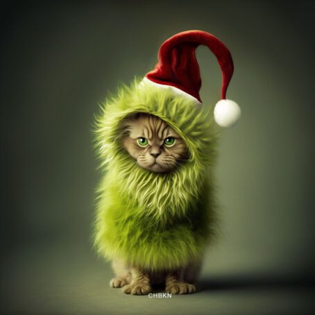 A small Grinch in the form of a kitten in a furry green coat and a red hat.