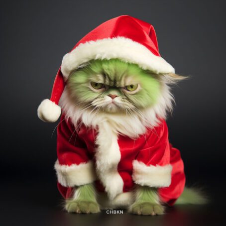 An ambitious kitten yearning to become the Grinch, dyed green and wearing a Santa costume.