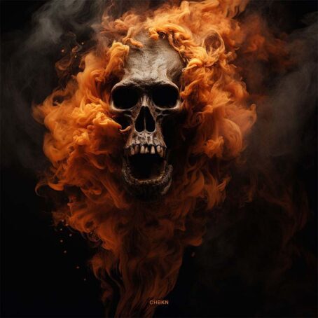 Screaming skull engulfed in orange smoke