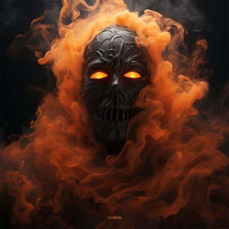 A scary black mask with glowing eyes emerges from puffs of orange smoke