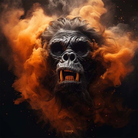 Gorilla head with mouth open, surrounded by orange smoke