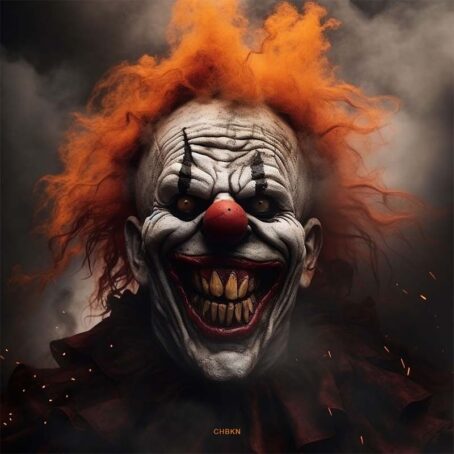 Sinister clown with a white face, red nose and orange hair