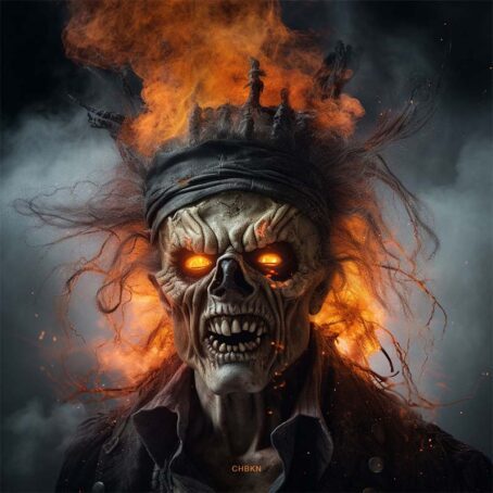 Zombie with a wrinkled face, hot eyes and orange smoke coming from his head