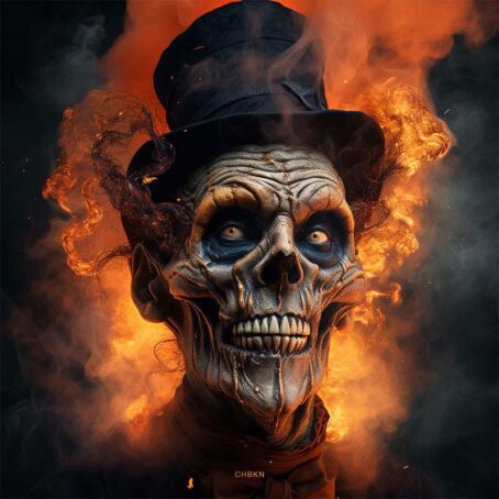 Portrait of a zombie in a high top hat with an orange glow behind him