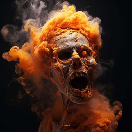 Screaming mummy covered in orange smoke