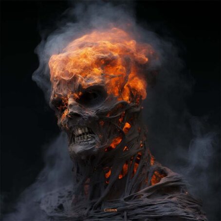 Bust of a half-decayed zombie with a burning head