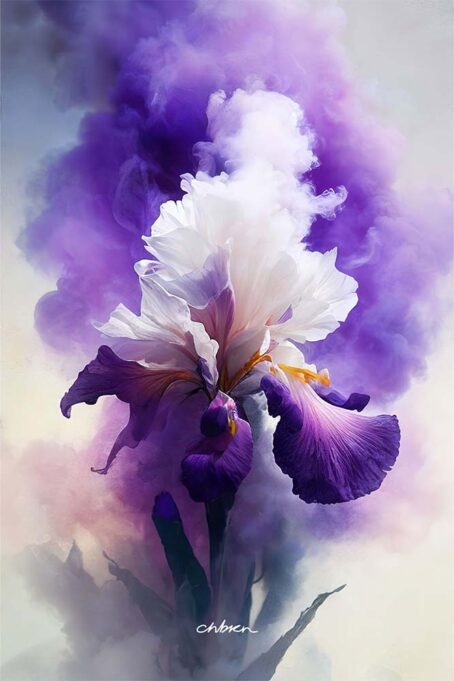 Purple and white iris flower in wisps of smoke.