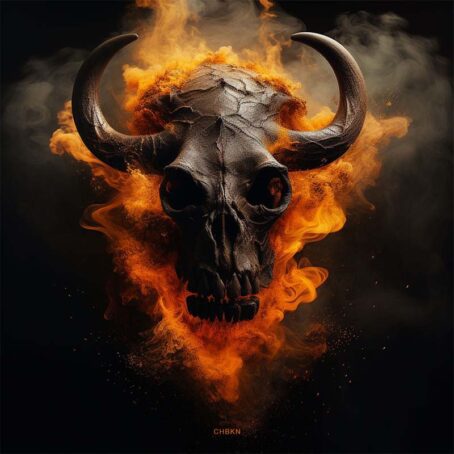 Animal skull surrounded by orange smoke on a black background