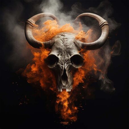 Animal skull with round horns in orange smoke on a black background