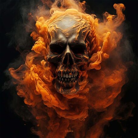 Black human skull covered in orange smoke