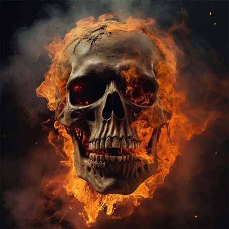 human skull close up in flames